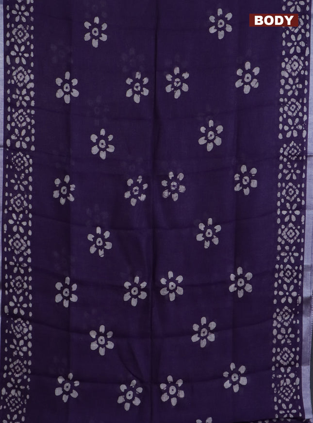 Pure linen saree deep violet with batik butta prints and silver zari woven border
