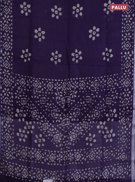 Pure linen saree deep violet with batik butta prints and silver zari woven border