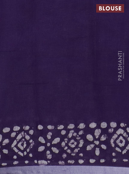 Pure linen saree deep violet with batik butta prints and silver zari woven border