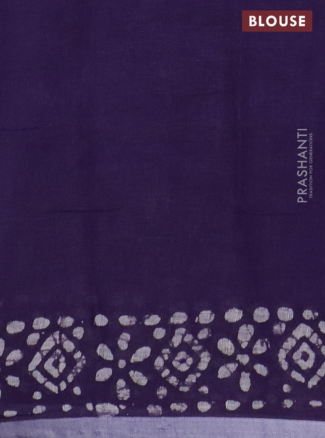 Pure linen saree deep violet with batik butta prints and silver zari woven border