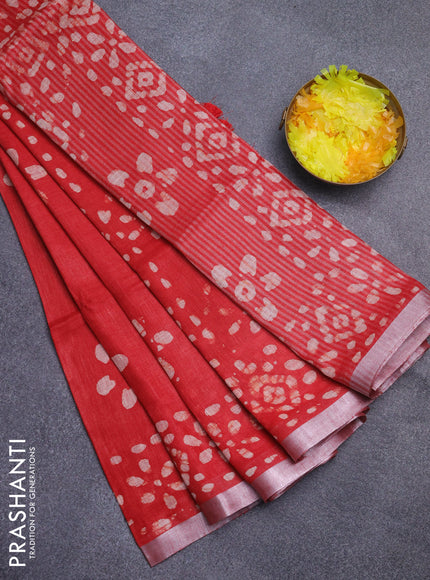 Pure linen saree red with batik butta prints and silver zari woven border
