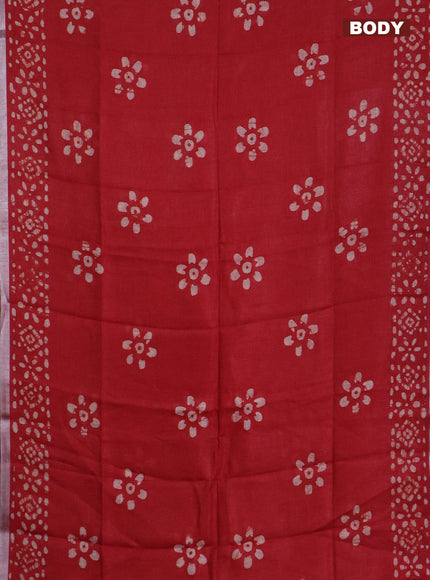 Pure linen saree red with batik butta prints and silver zari woven border