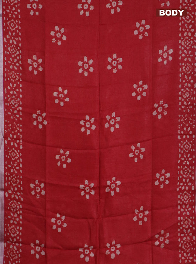 Pure linen saree red with batik butta prints and silver zari woven border