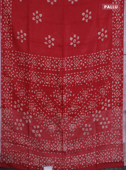 Pure linen saree red with batik butta prints and silver zari woven border
