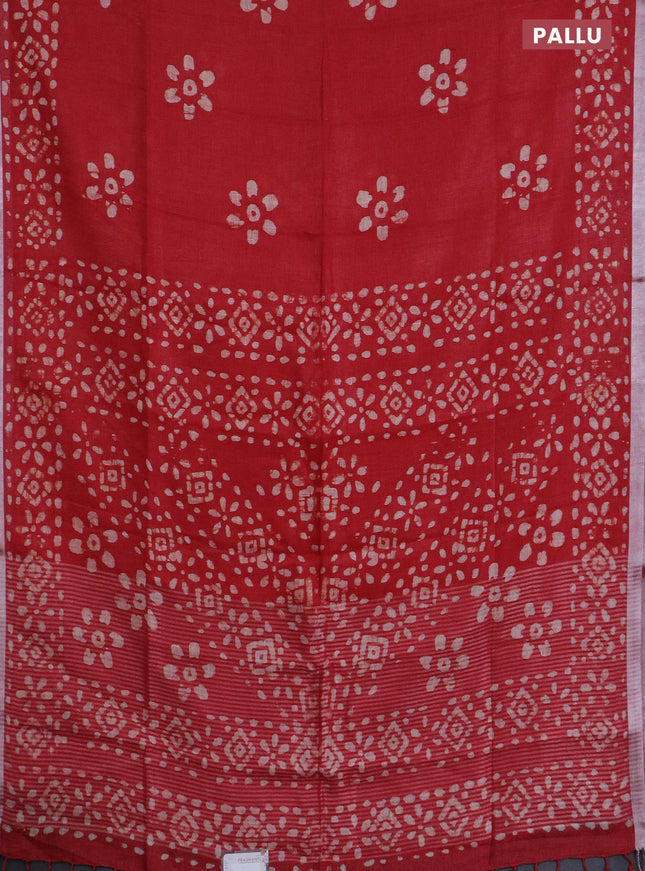 Pure linen saree red with batik butta prints and silver zari woven border