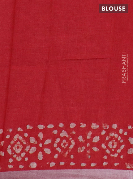 Pure linen saree red with batik butta prints and silver zari woven border