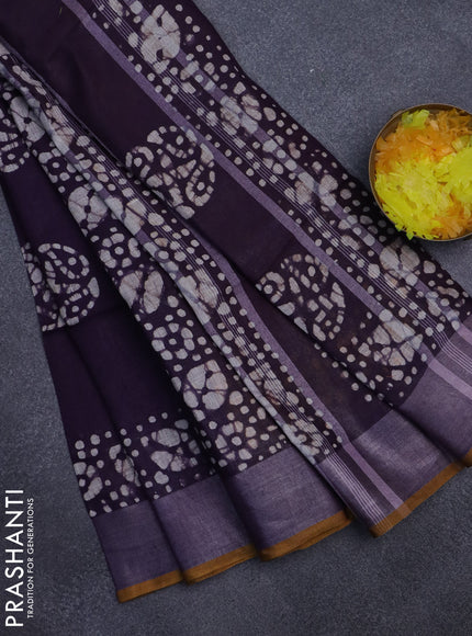 Pure linen saree deep violet and mustard yellow with batik butta prints and silver zari woven border