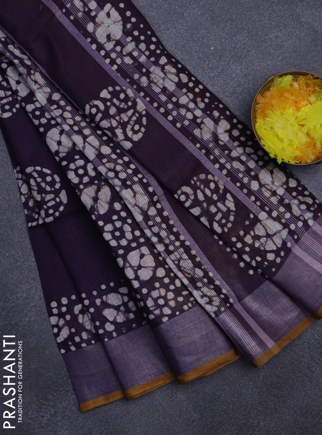 Pure linen saree deep violet and mustard yellow with batik butta prints and silver zari woven border