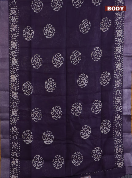 Pure linen saree deep violet and mustard yellow with batik butta prints and silver zari woven border
