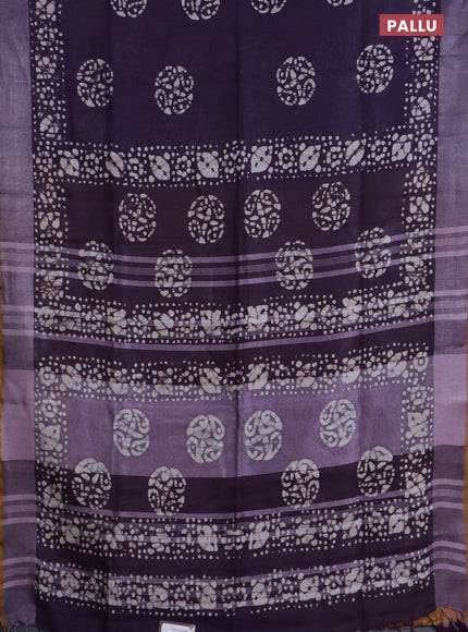 Pure linen saree deep violet and mustard yellow with batik butta prints and silver zari woven border