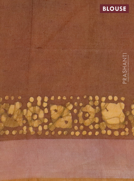 Pure linen saree deep violet and mustard yellow with batik butta prints and silver zari woven border