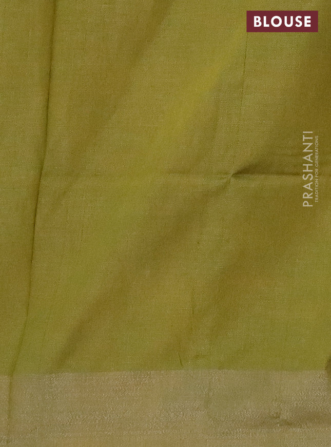 Pure linen saree green shade and yellow with batik butta prints and silver zari woven border