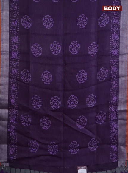Pure linen saree deep violet with batik butta prints and silver zari woven border