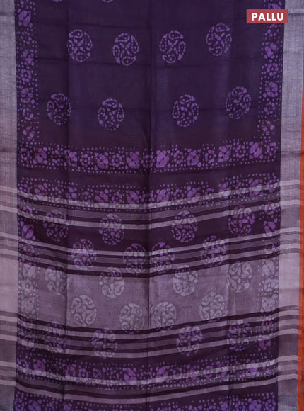 Pure linen saree deep violet with batik butta prints and silver zari woven border