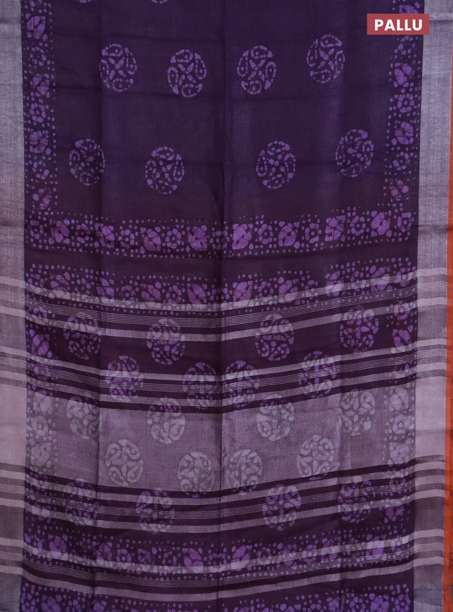 Pure linen saree deep violet with batik butta prints and silver zari woven border