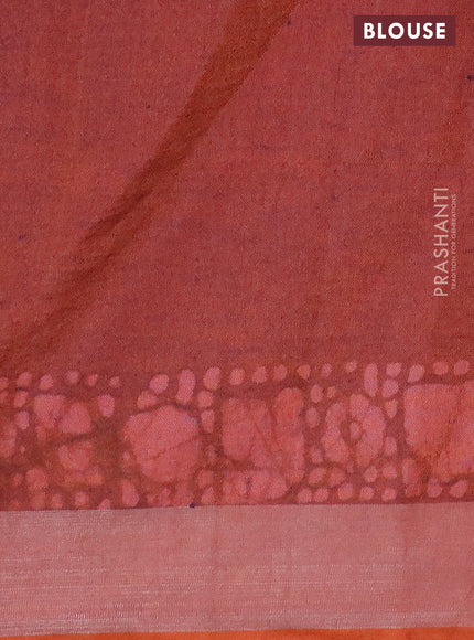 Pure linen saree deep violet with batik butta prints and silver zari woven border