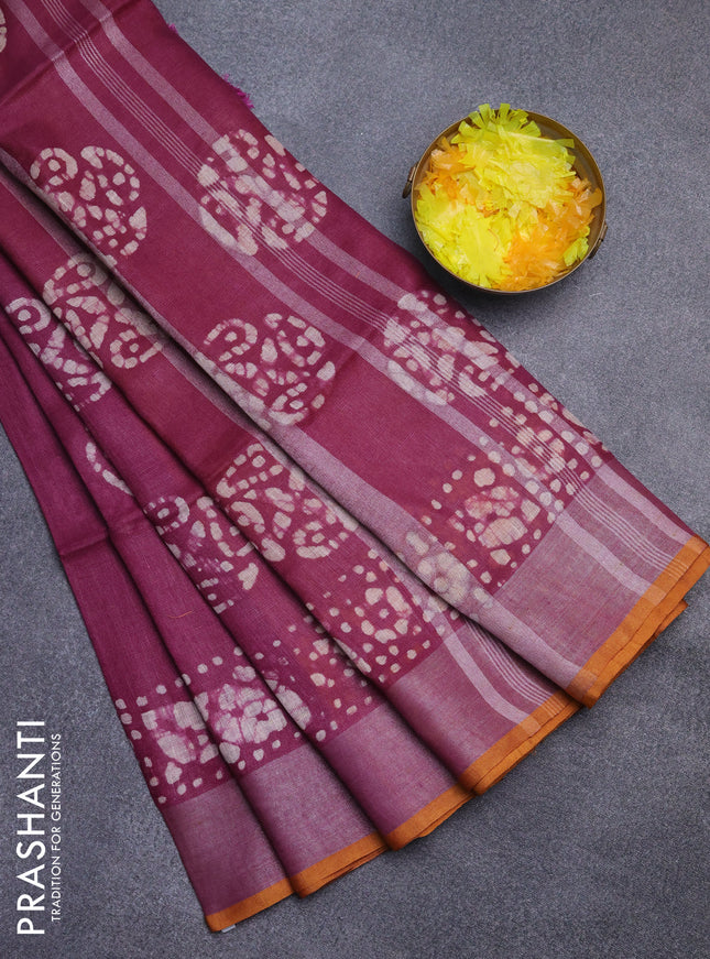 Pure linen saree purple and mustard yellow with batik butta prints and silver zari woven border