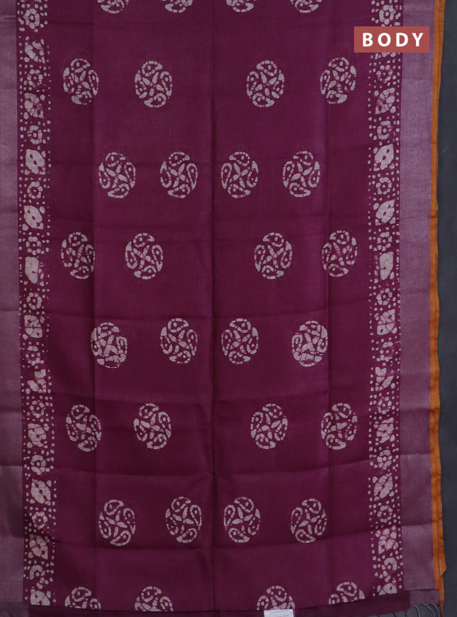 Pure linen saree purple and mustard yellow with batik butta prints and silver zari woven border