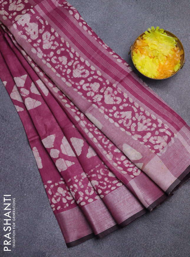 Pure linen saree purple with batik butta prints and silver zari woven border