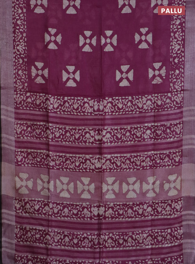 Pure linen saree purple with batik butta prints and silver zari woven border