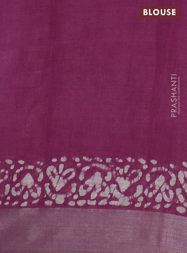 Pure linen saree purple with batik butta prints and silver zari woven border