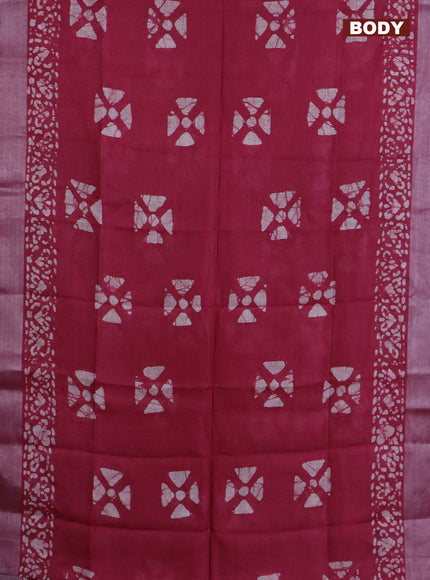 Pure linen saree dark pink and black with batik butta prints and silver zari woven border