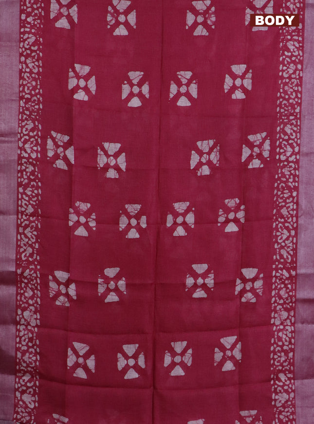 Pure linen saree dark pink and black with batik butta prints and silver zari woven border
