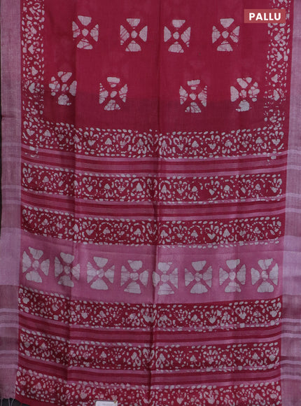 Pure linen saree dark pink and black with batik butta prints and silver zari woven border