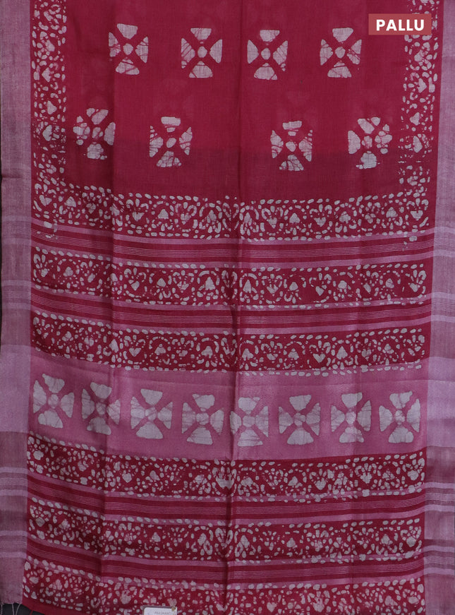Pure linen saree dark pink and black with batik butta prints and silver zari woven border