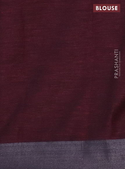 Pure linen saree dark pink and black with batik butta prints and silver zari woven border