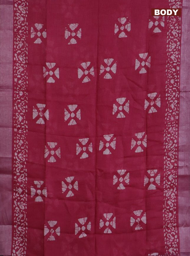 Pure linen saree dark pink and black with batik butta prints and silver zari woven border