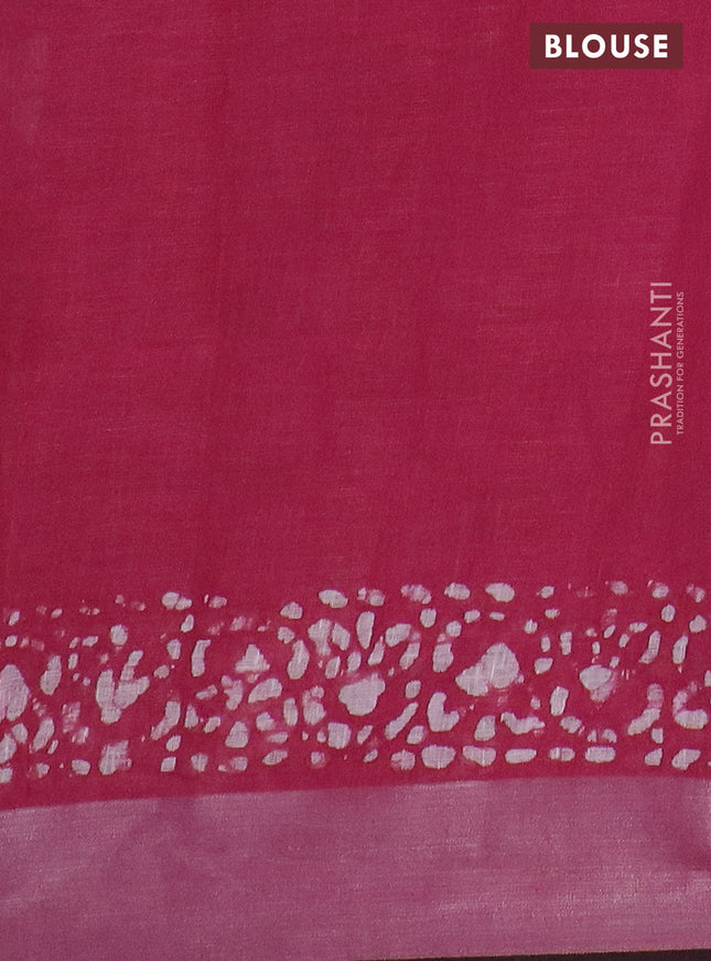 Pure linen saree dark pink and black with batik butta prints and silver zari woven border