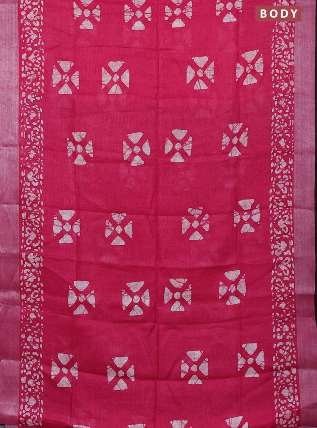 Pure linen saree pink and black with batik butta prints and silver zari woven border