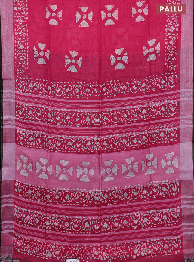 Pure linen saree pink and black with batik butta prints and silver zari woven border