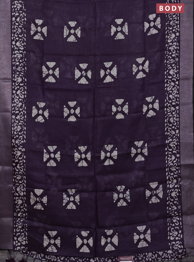 Pure linen saree deep violet and black with batik butta prints and silver zari woven border