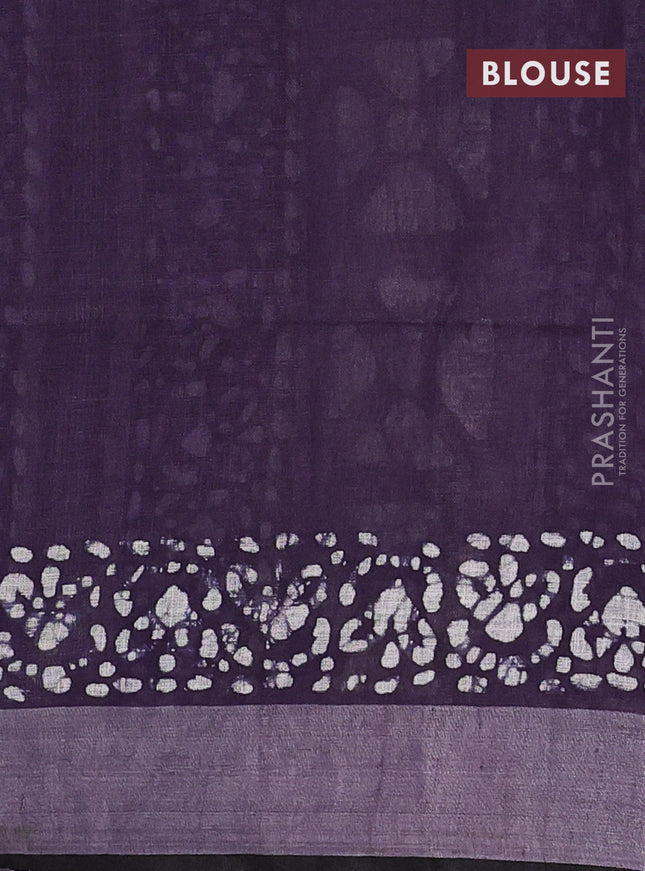 Pure linen saree deep violet and black with batik butta prints and silver zari woven border