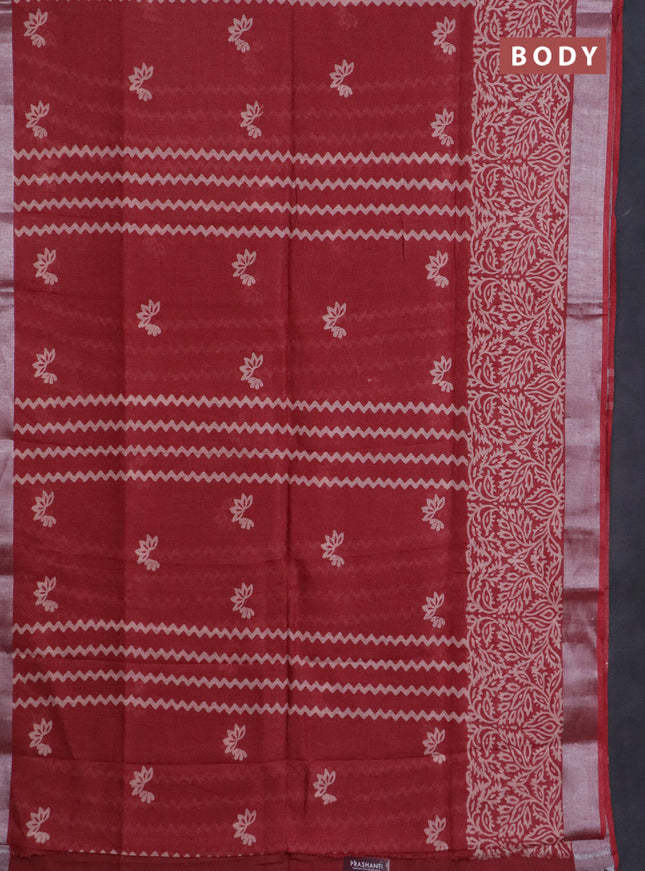 Pure linen saree maroon shade with allover prints and silver zari woven border