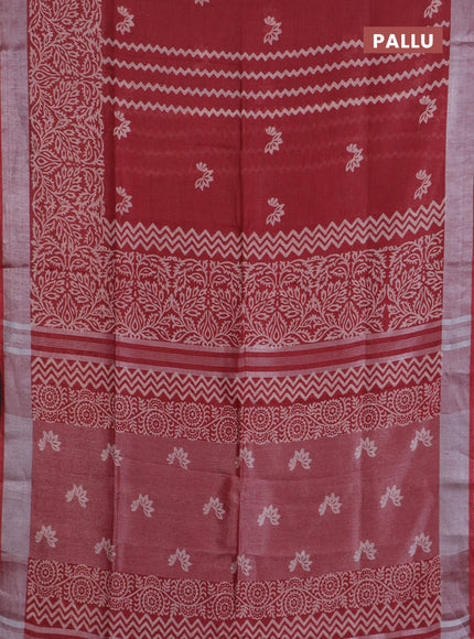 Pure linen saree maroon shade with allover prints and silver zari woven border