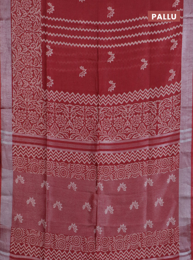Pure linen saree maroon shade with allover prints and silver zari woven border