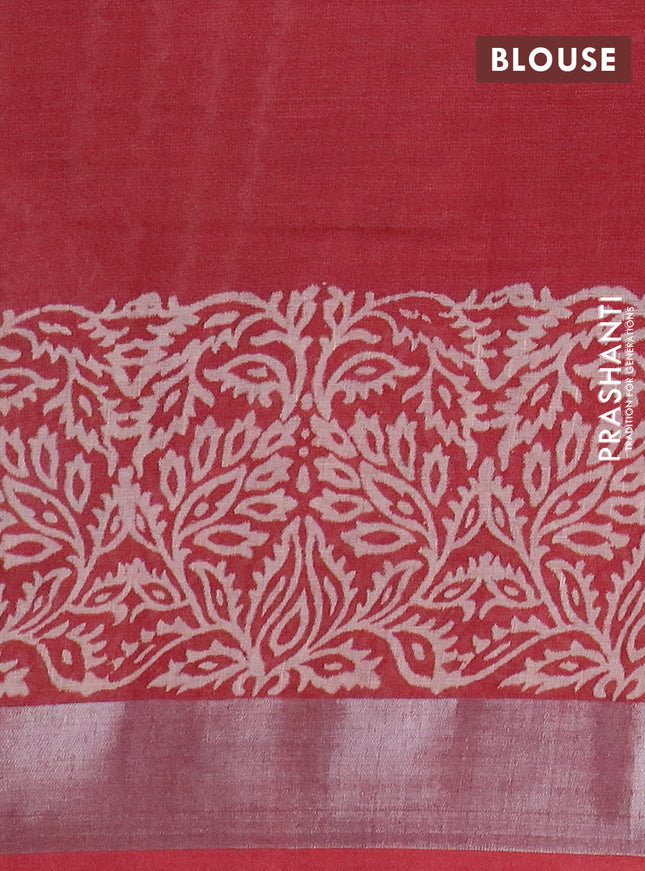 Pure linen saree maroon shade with allover prints and silver zari woven border