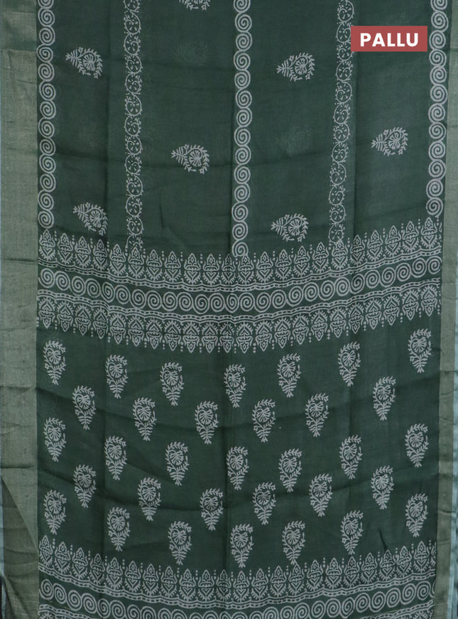 Pure linen saree green with butta prints and silver zari woven border