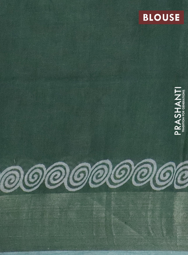 Pure linen saree green with butta prints and silver zari woven border