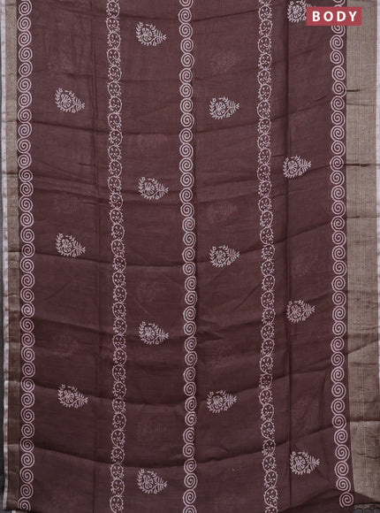 Pure linen saree brown with butta prints and silver zari woven border