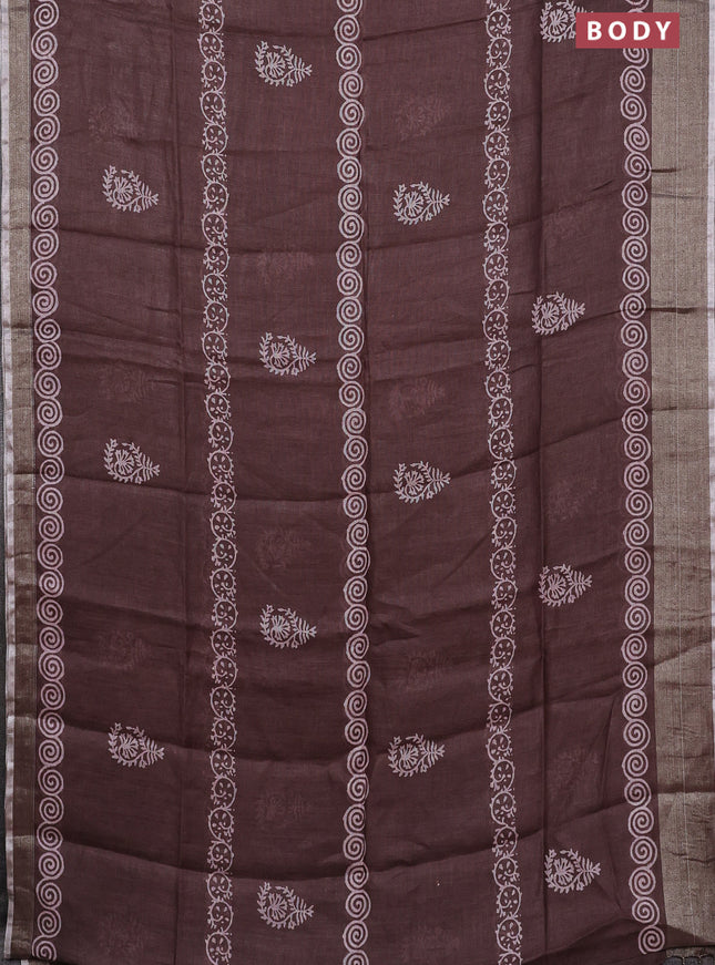 Pure linen saree brown with butta prints and silver zari woven border