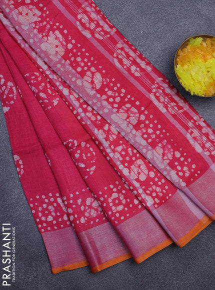 Pure linen saree pink with batik butta prints and silver zari woven border