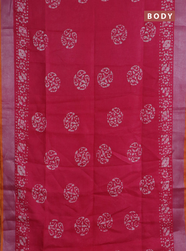Pure linen saree pink with batik butta prints and silver zari woven border