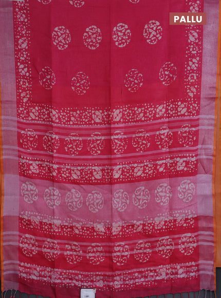 Pure linen saree pink with batik butta prints and silver zari woven border
