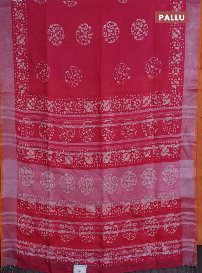 Pure linen saree pink with batik butta prints and silver zari woven border