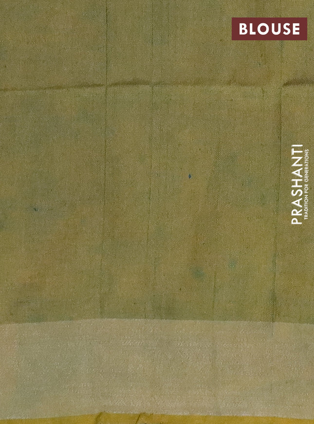 Pure linen saree teal blue with batik butta prints and silver zari woven border