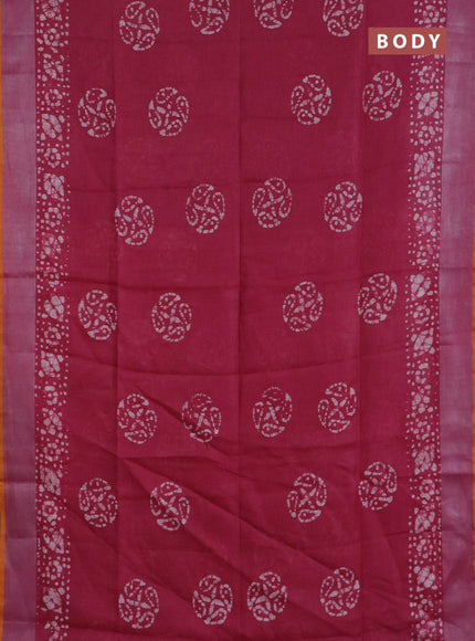 Pure linen saree dark pink and mustard yellow with batik butta prints and silver zari woven border